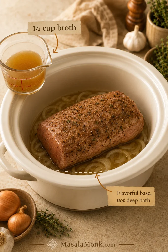 Pork loin sitting over onions in a slow cooker with a shallow 1/2 cup broth base instead of being covered with liquid.