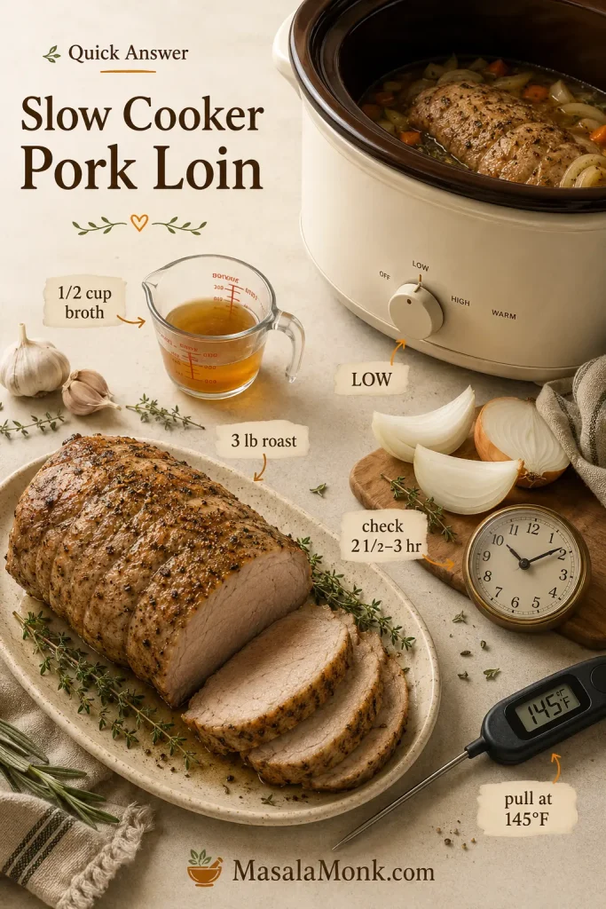 Quick answer guide showing a 3 lb pork loin roast, 1/2 cup broth, LOW setting, 2 1/2 to 3 hour check time, and 145°F finish.