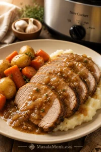 Sliced slow cooker pork loin served with onion garlic gravy, mashed potatoes, carrots, and potatoes on a warm dinner plate.