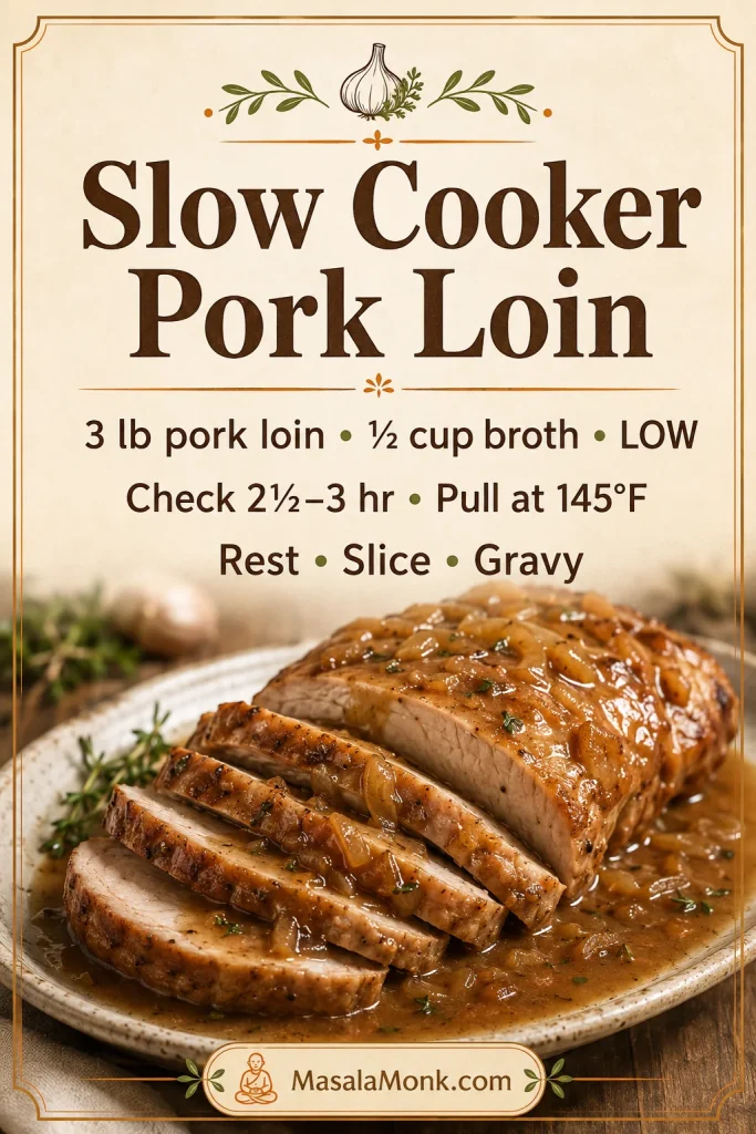 Saveable slow cooker pork loin recipe card with 3 lb pork loin, 1/2 cup broth, LOW heat, 2 1/2 to 3 hour check time, 145°F finish, rest, slice, and gravy.
