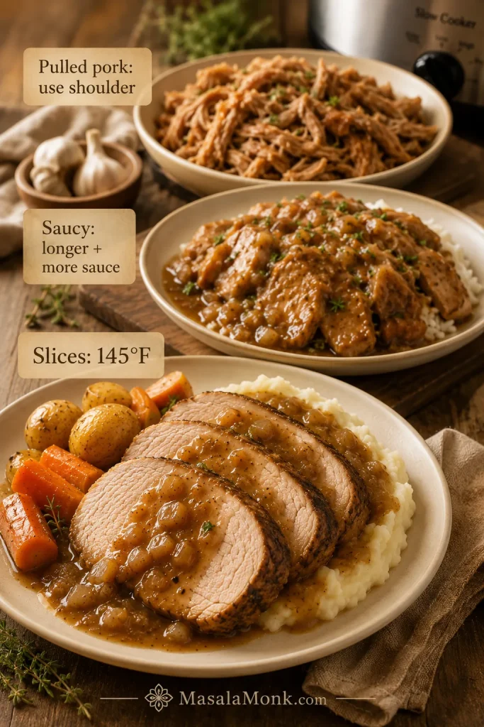 Comparison guide showing sliceable pork loin, softer saucy pork loin, and pulled pork shoulder as different slow cooker results.