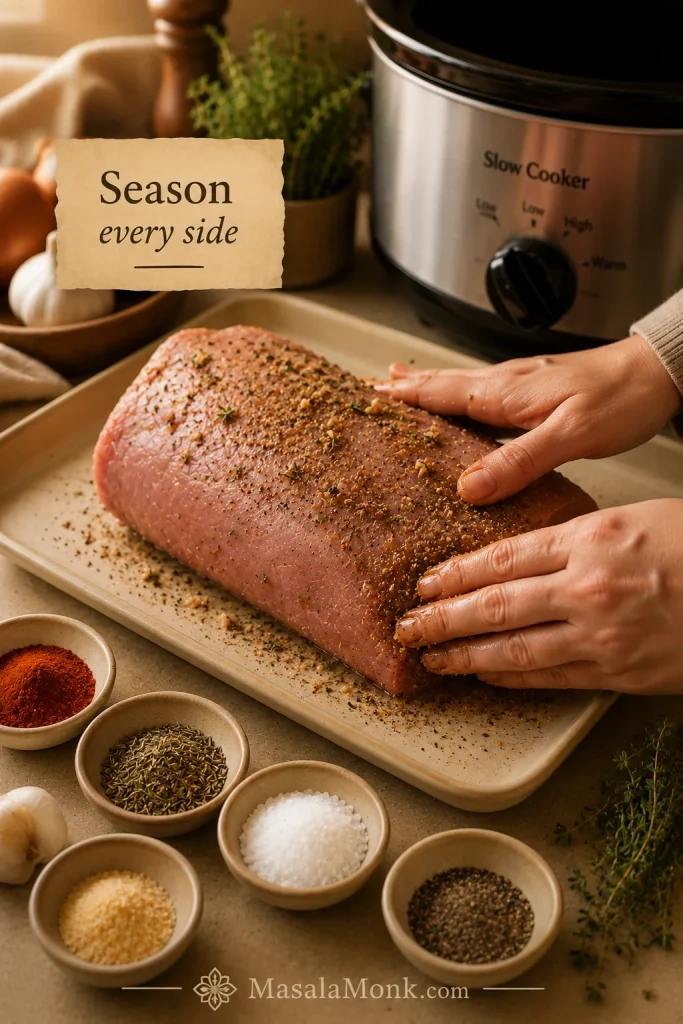 Hands rubbing garlic herb seasoning onto every side of a raw pork loin roast before slow cooking.