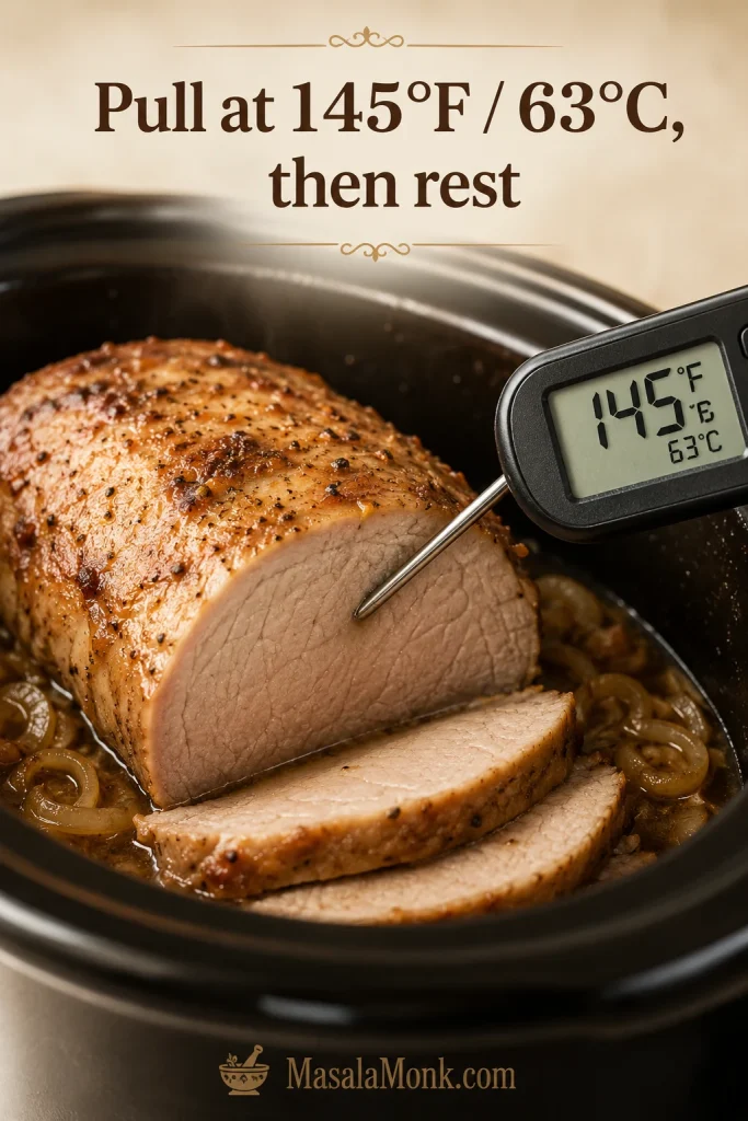 Instant-read thermometer showing 145°F and 63°C in a cooked slow cooker pork loin roast.