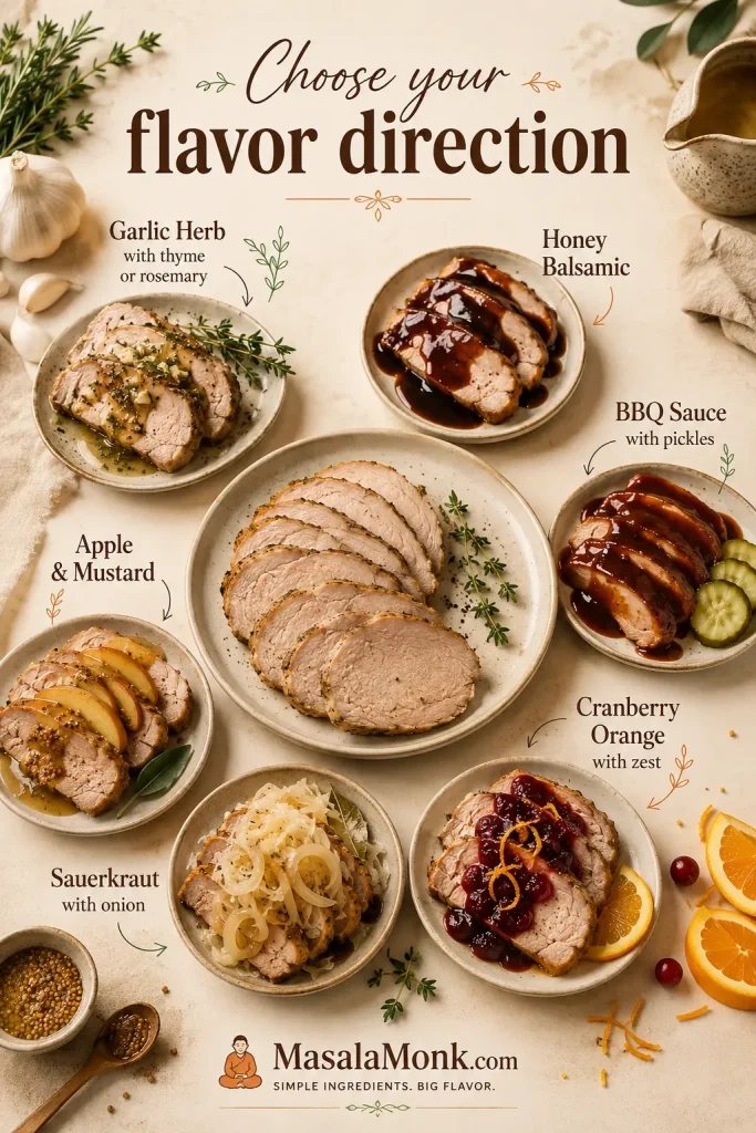 Slow cooker pork loin variation board with garlic herb, honey balsamic, BBQ, apple mustard, sauerkraut, and cranberry orange flavors.