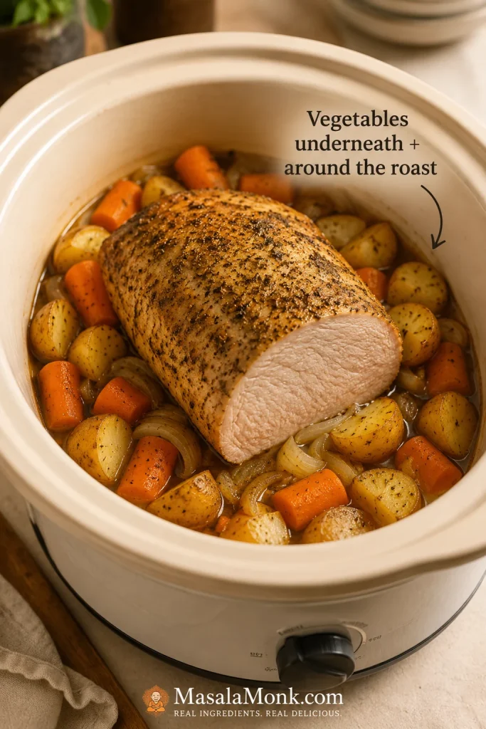 Pork loin roast in a slow cooker with potatoes, carrots, and onions arranged underneath and around the meat.