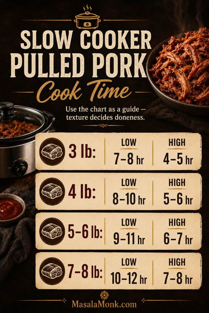Cook time chart for slow cooker pulled pork showing LOW and HIGH timing ranges for 3 lb, 4 lb, 5–6 lb, and 7–8 lb roasts.