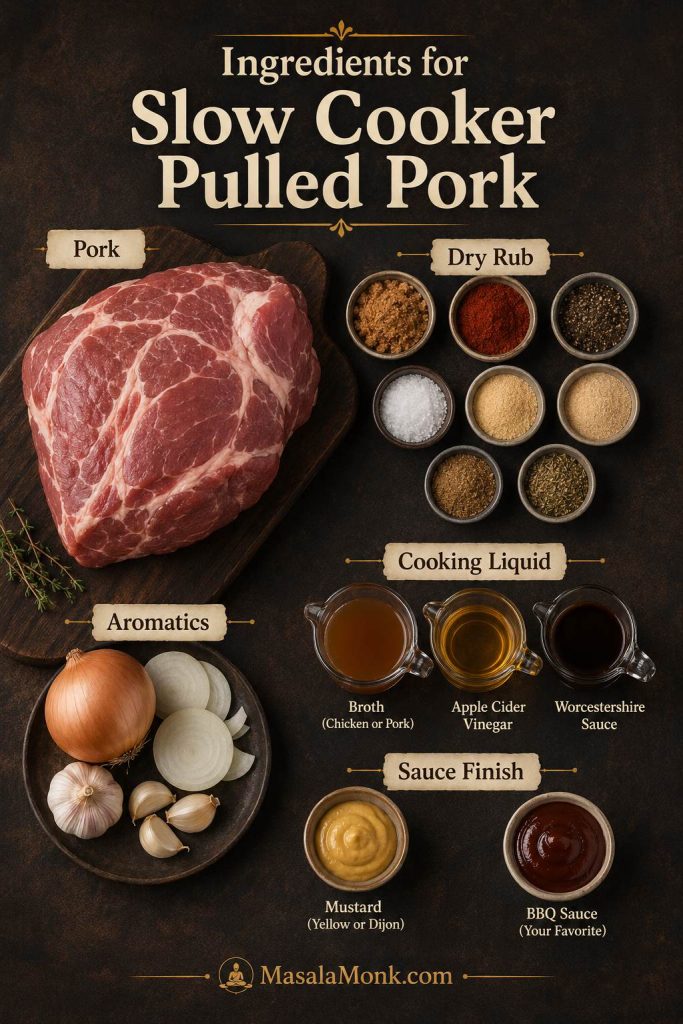 Ingredient board for slow cooker pulled pork with pork shoulder, dry rub spices, onion, garlic, cooking liquid, vinegar, Worcestershire, mustard, and barbecue sauce.