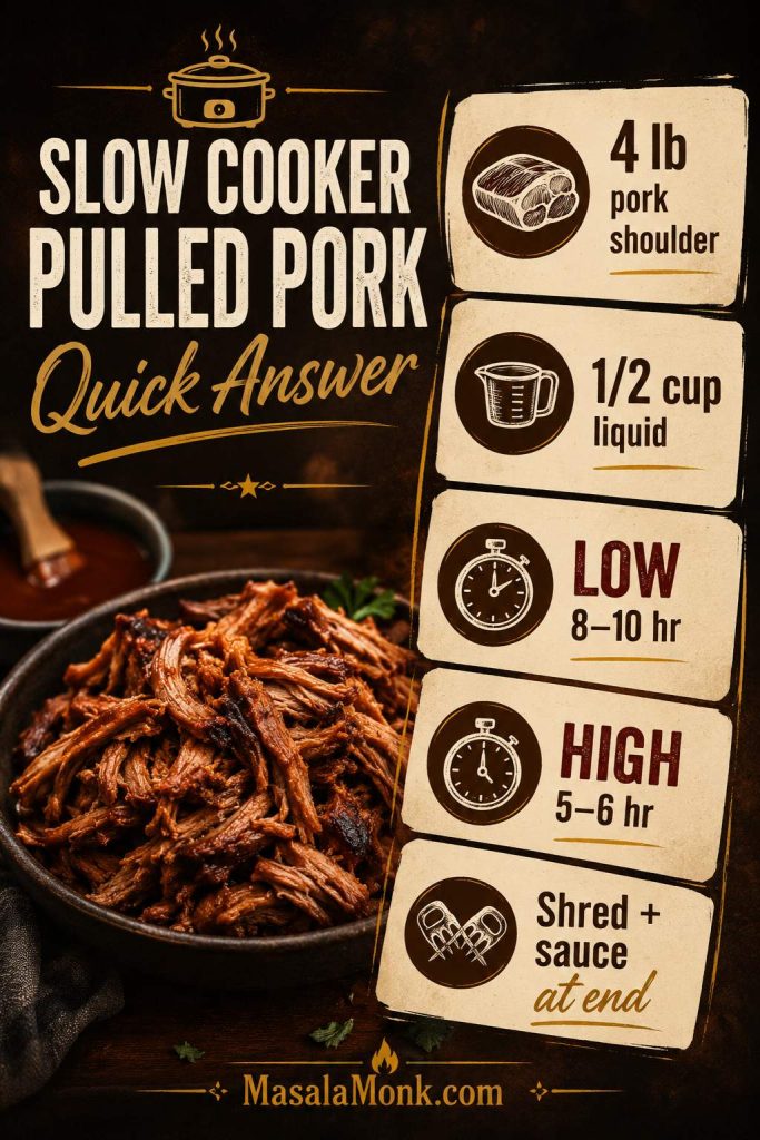 Quick answer board for slow cooker pulled pork showing 4 lb pork shoulder, 1/2 cup liquid, LOW 8–10 hours, HIGH 5–6 hours, and sauce after shredding.