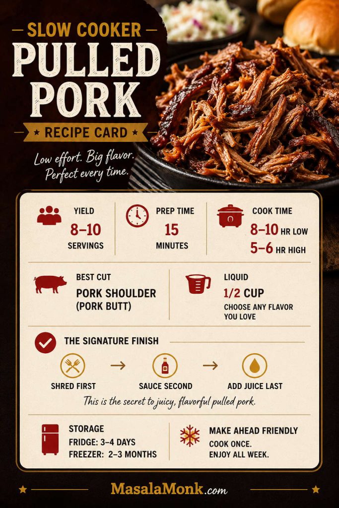 Recipe card for slow cooker pulled pork showing yield, prep time, cook time, best cut, 1/2 cup liquid, finish rule, and storage times.