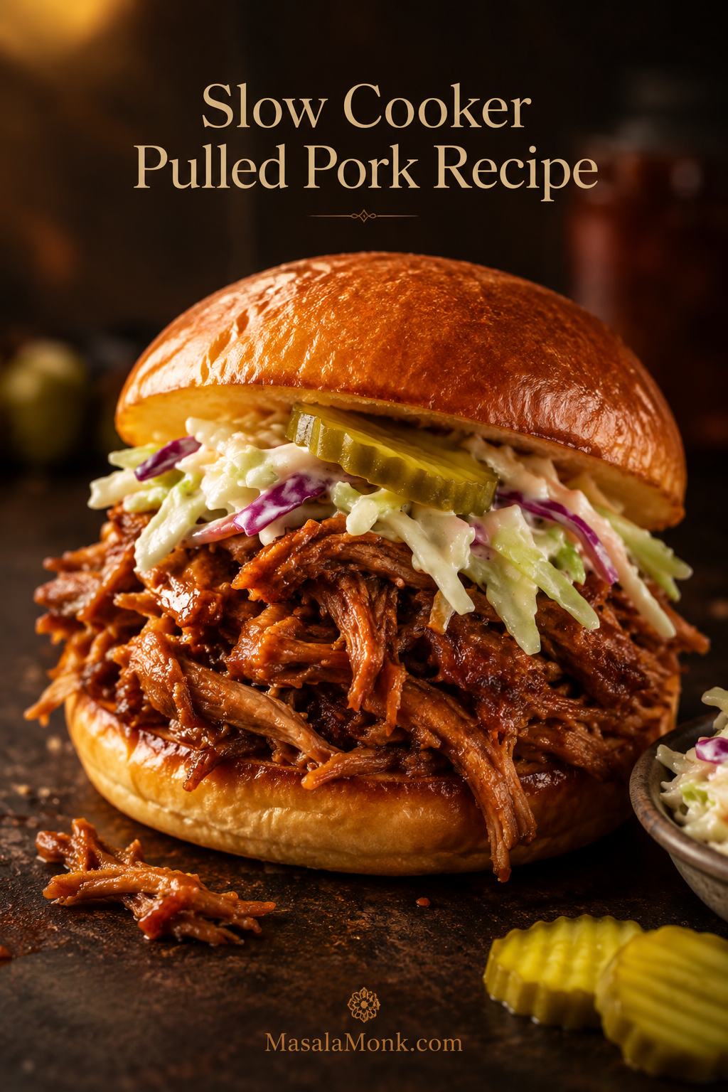 Glossy slow cooker pulled pork sandwich on a soft bun with coleslaw, pickles, and sauce clinging to the shredded pork.