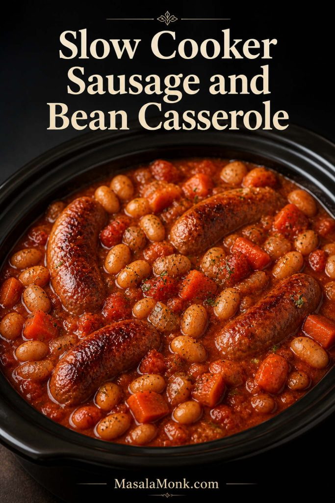 Slow cooker sausage and bean casserole with browned sausages, white beans, carrots and thick tomato gravy.