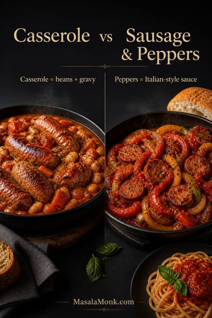 Comparison of sausage casserole with beans and gravy beside sausage and peppers in Italian-style sauce.
