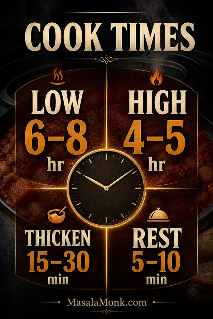 Cook time chart for slow cooker sausage casserole showing low 6 to 8 hours, high 4 to 5 hours, thickening time and resting time.