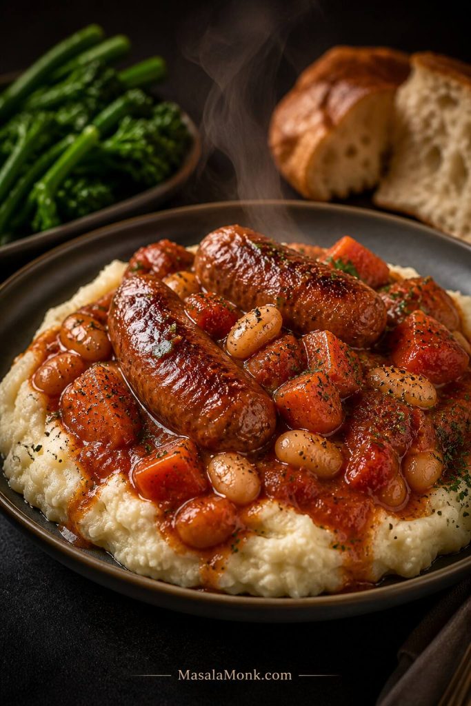 Plated serving of sausage casserole over mashed potatoes with beans, carrots, thick tomato gravy, greens and bread.