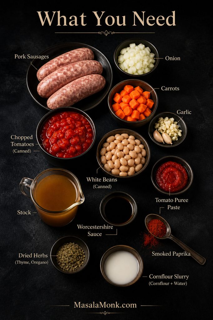 Ingredients for slow cooker sausage casserole including sausages, carrots, onion, garlic, tomatoes, beans, stock, herbs and cornflour slurry.