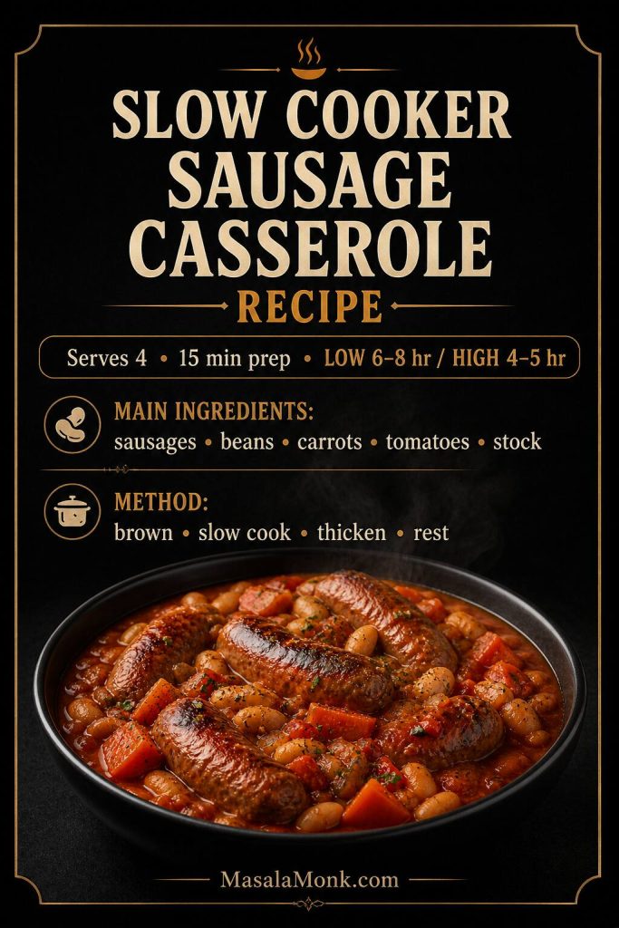 Recipe card for slow cooker sausage casserole showing serving size, prep time, cook time, main ingredients and short method.