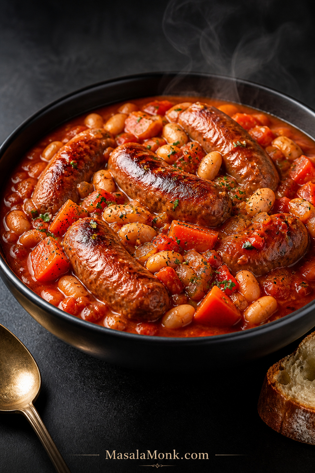 Slow cooker sausage casserole recipe with browned sausages, white beans, carrots and thick tomato gravy in a dark bowl.