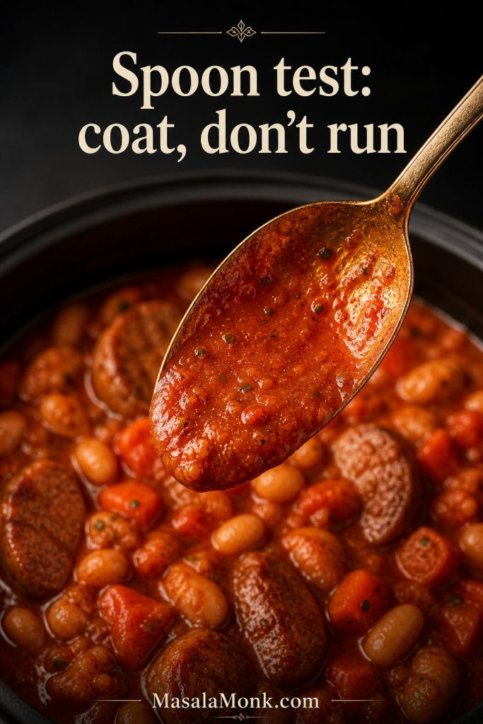 Spoon coated with thick sausage casserole sauce above a slow cooker filled with sausages, beans and carrots.