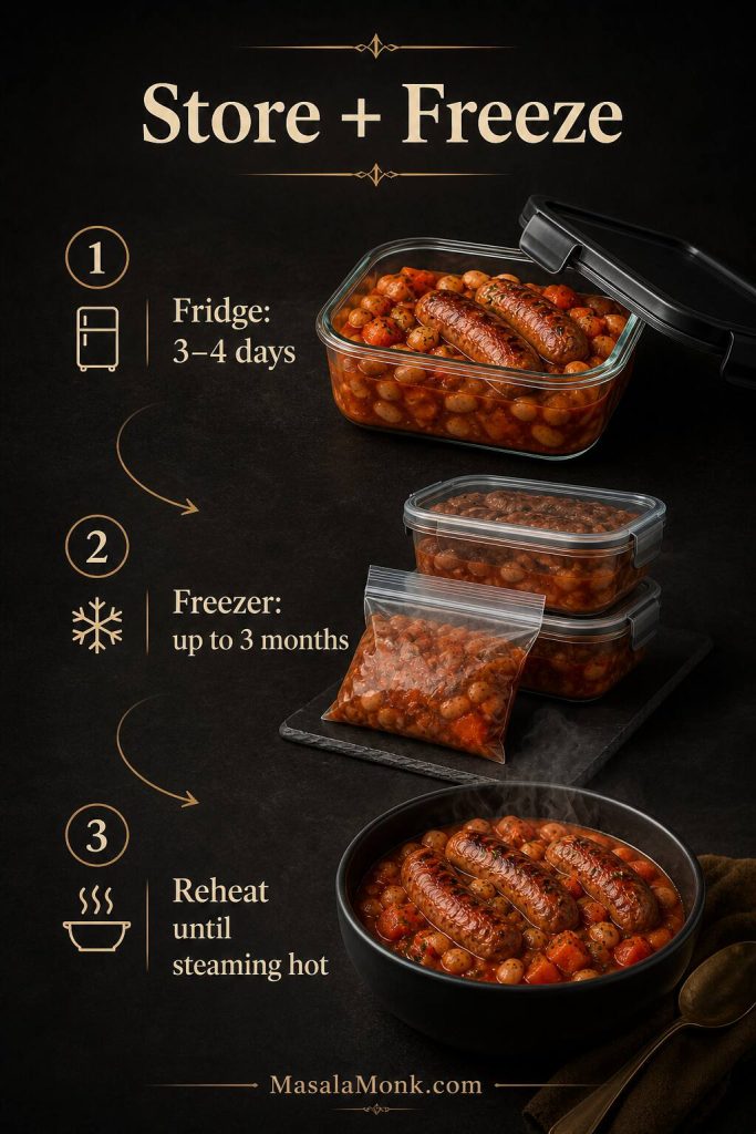 Storage guide for sausage casserole showing chilled container, freezer portions and reheated steaming serving.