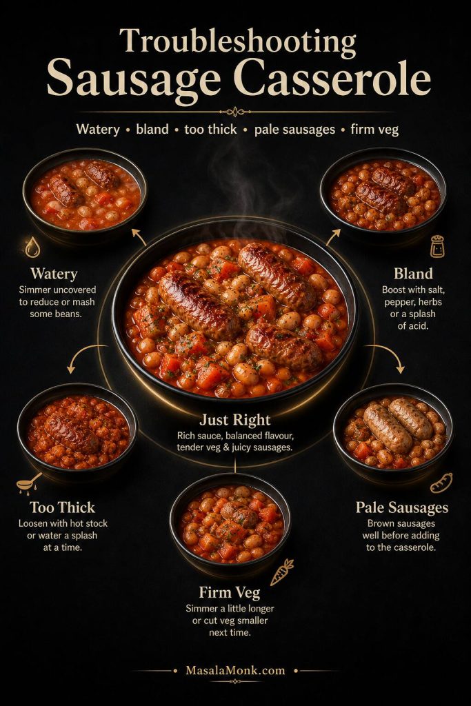 Troubleshooting chart for sausage casserole showing watery sauce, bland flavor, overly thick sauce, pale sausages and firm vegetables.