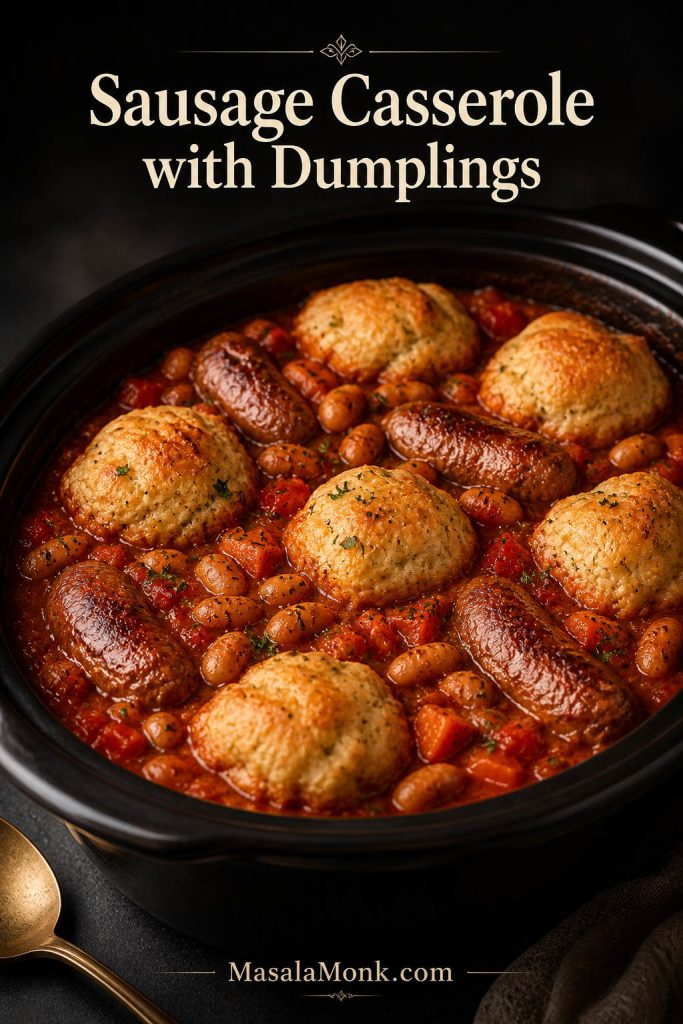Slow cooker sausage casserole topped with puffed dumplings and visible sausages in thick tomato gravy.