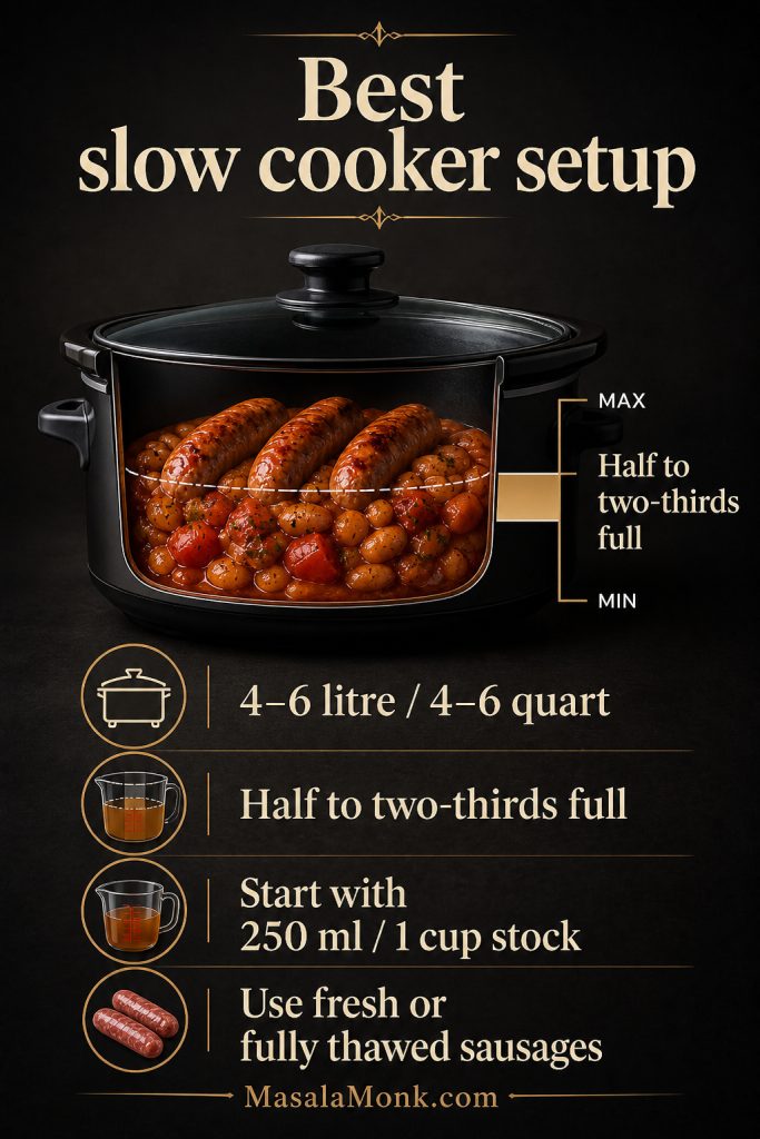 Slow cooker setup guide showing a 4 to 6 litre cooker, half to two-thirds fill level, 250 millilitres of stock and thawed sausages.