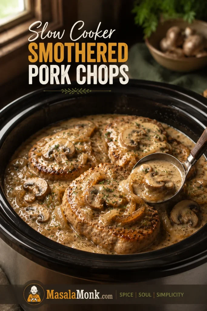 Slow cooker filled with thick pork chops in creamy mushroom-onion gravy with a spoon lifting sauce.