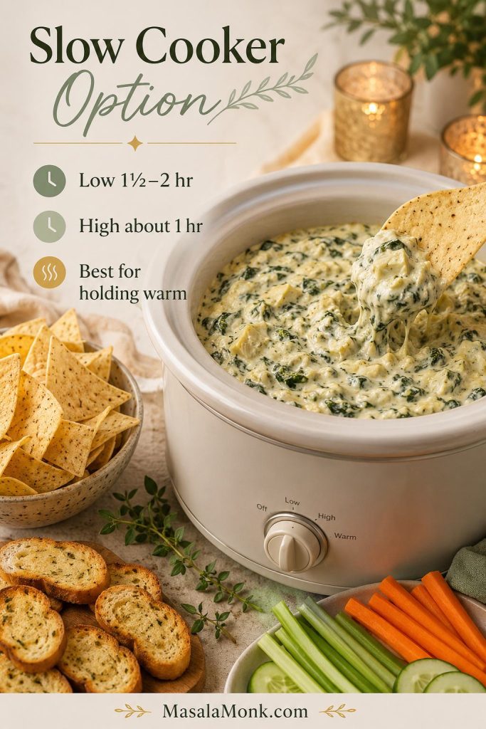 Spinach artichoke dip in a cream slow cooker with tortilla chips, crostini, carrots, celery, and cucumber nearby.