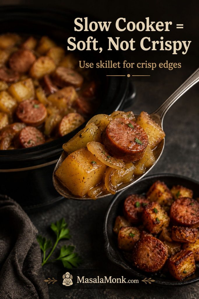 Texture comparison showing soft slow cooker kielbasa and potatoes with a crisp skillet reference.