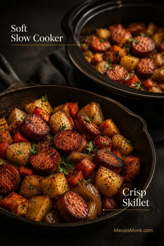 Comparison of crisp skillet kielbasa and potatoes with a softer slow cooker version.