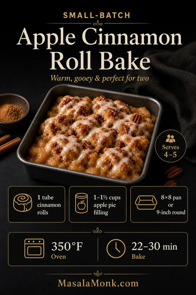 Small-batch apple cinnamon roll bake in an 8x8 pan with 1 tube cinnamon rolls, 1 to 1.5 cups apple pie filling, and 22 to 30 minute bake time.