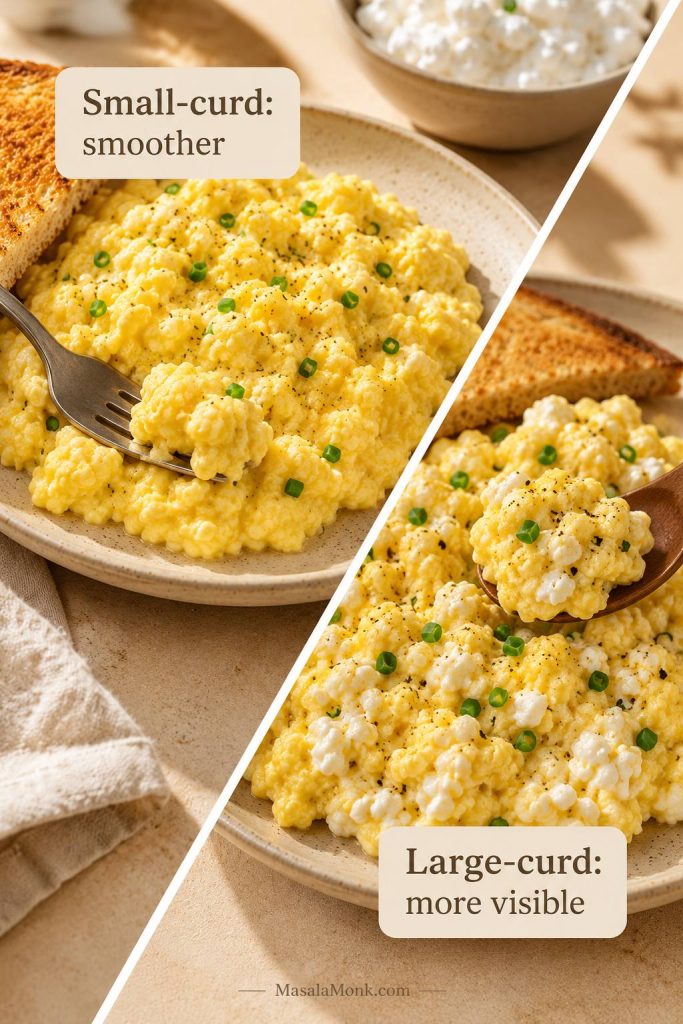 Small-curd and large-curd cottage cheese scrambled eggs compared side by side.