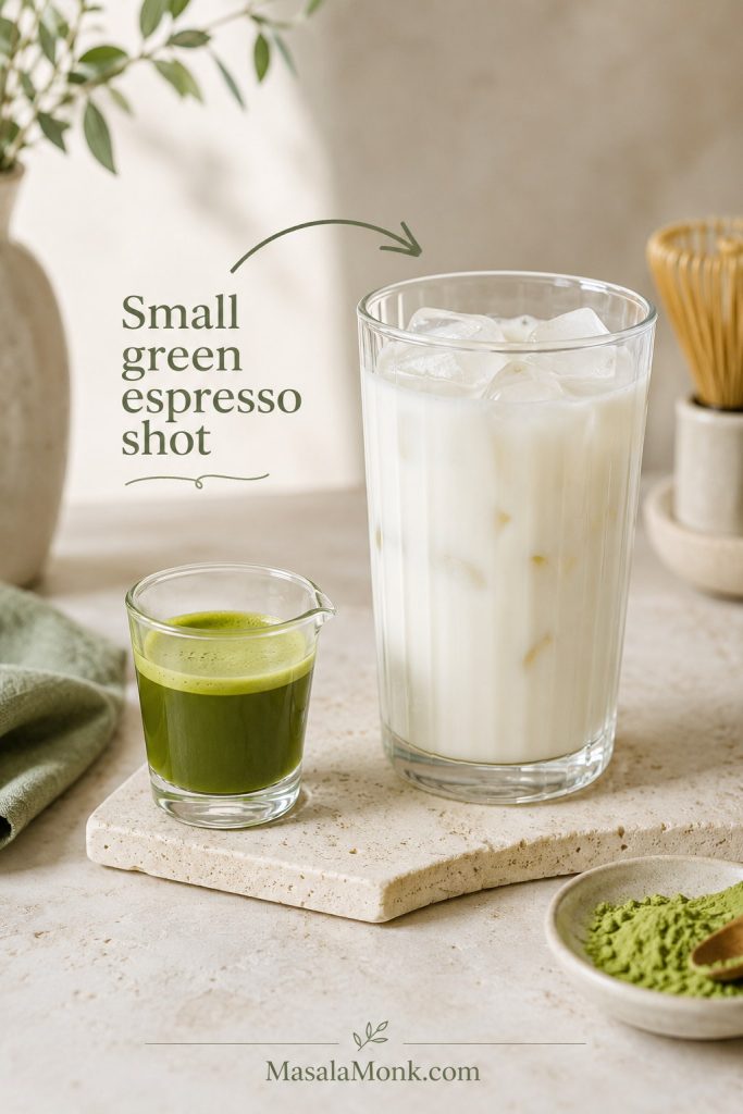 Small concentrated matcha shot beside a larger glass of milk and ice