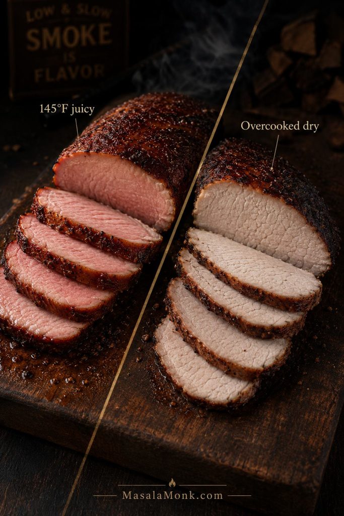 Comparison of smoked pork loin slices at 145°F and overcooked dry pork loin slices