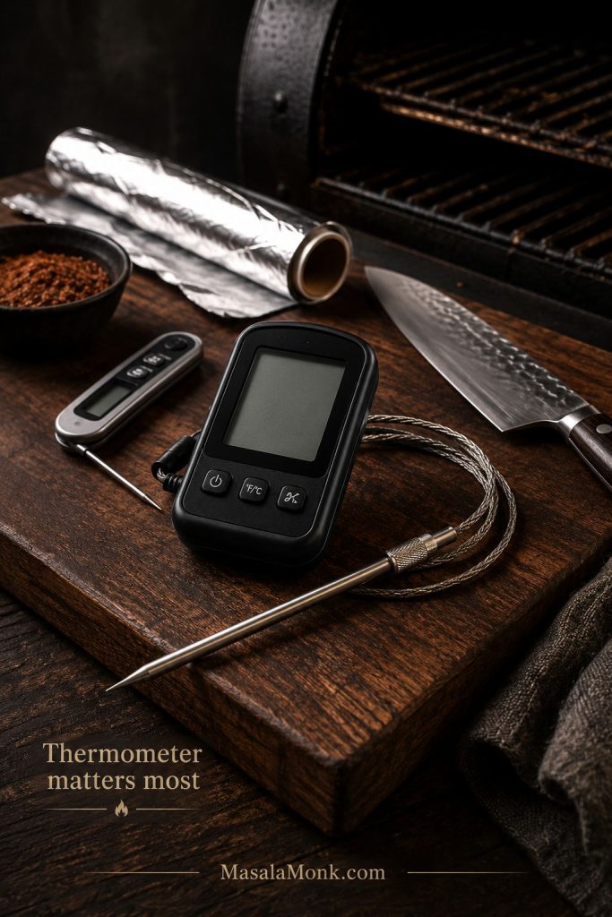 Smoked pork loin equipment with probe thermometer, instant-read thermometer, knife, cutting board, foil, and rub bowl