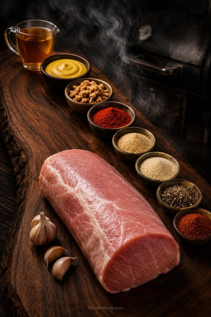 Ingredients for smoked pork loin including pork loin roast, Dijon, brown sugar, smoked paprika, spices, and apple juice