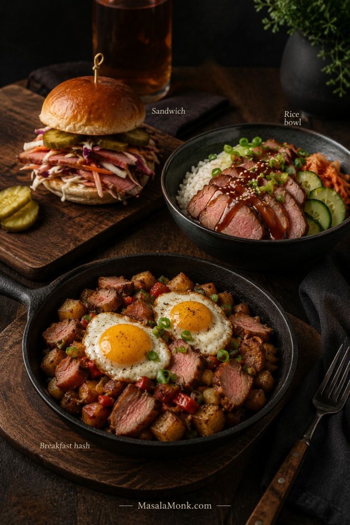 Smoked pork loin leftovers used in a sandwich, rice bowl, and breakfast hash with eggs and potatoes