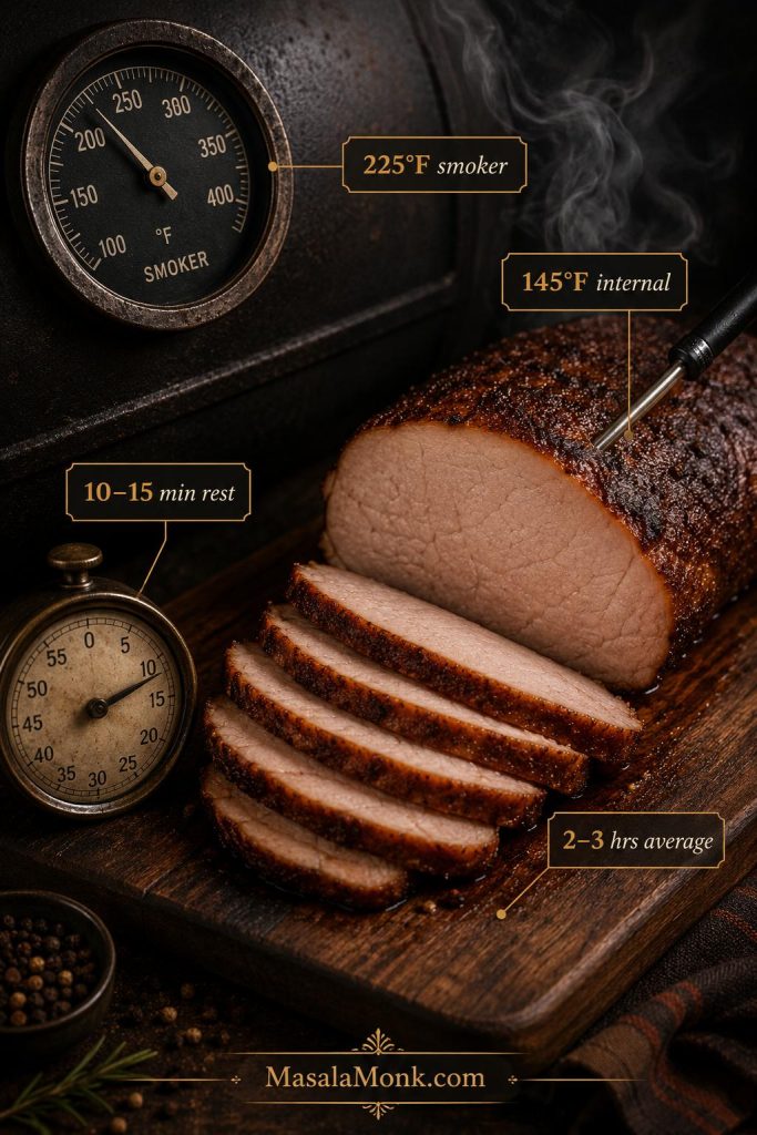 Quick answer image for smoked pork loin showing 225°F smoker temperature, 145°F internal temperature, 10 to 15 minute rest, and 2 to 3 hour average cook time