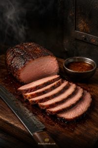 Sliced smoked pork loin roast on a dark board with smoky crust, moist center, carving knife, and pan juices
