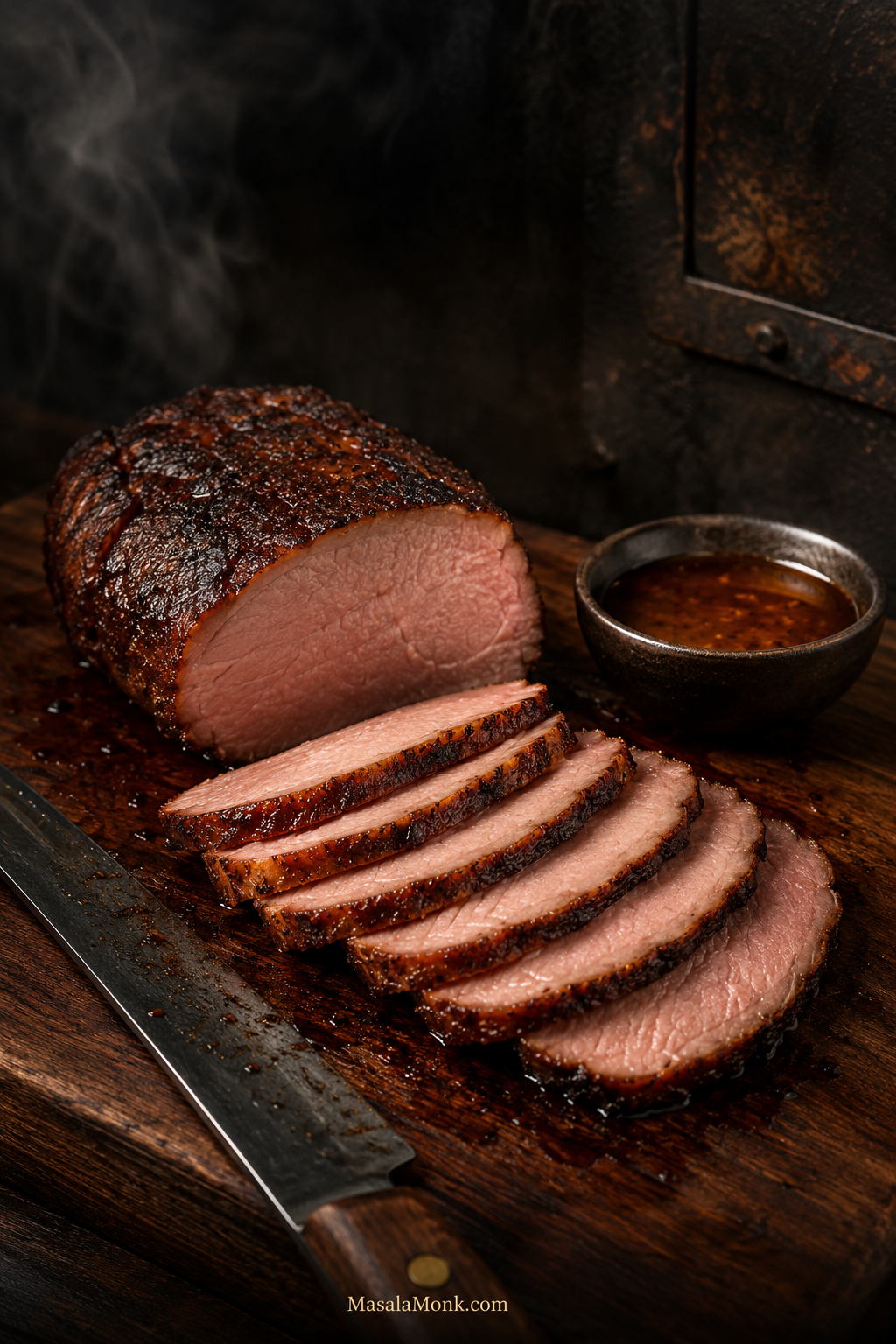 Sliced smoked pork loin roast on a dark board with smoky crust, moist center, carving knife, and pan juices