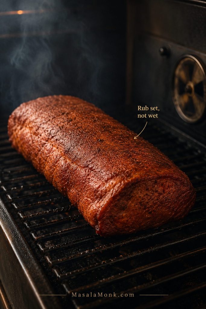 Smoked pork loin halfway through cooking with the rub set on the surface