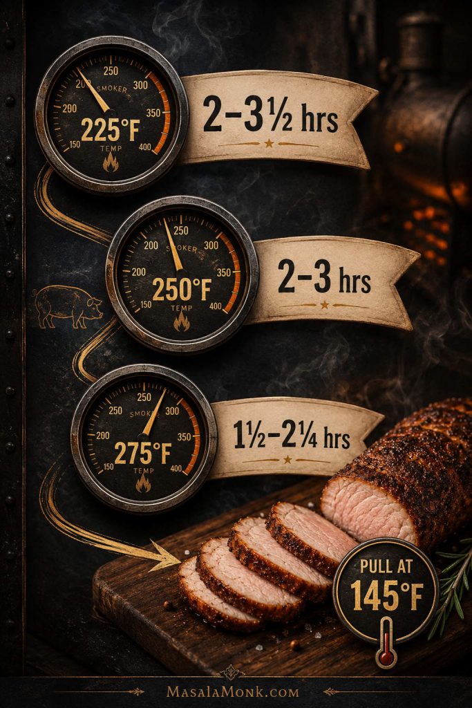 Smoked pork loin time and temperature guide showing 225°F, 250°F, 275°F smoker temperatures and 145°F pull temperature