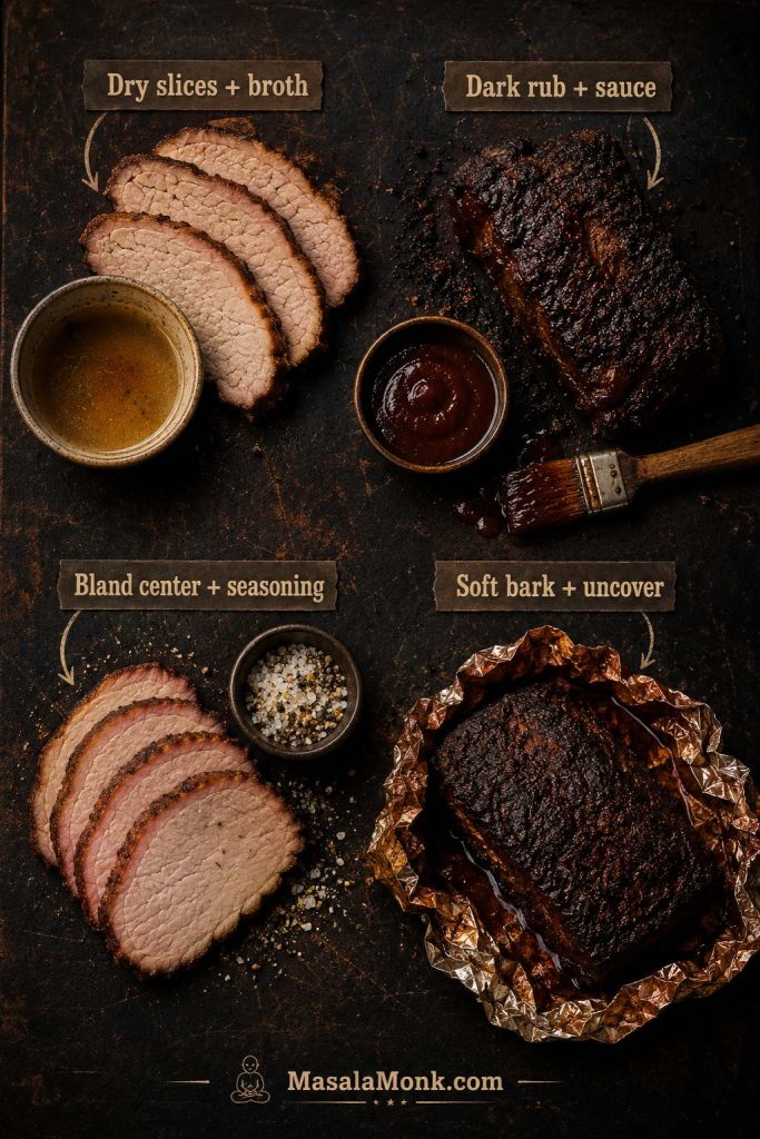 Smoked pork loin troubleshooting guide showing dry slices with broth, dark rub with sauce, bland center with seasoning, and soft bark uncovered