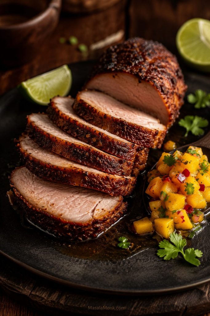 Sliced smoked pork loin served with mango salsa, lime, herbs, and pan juices