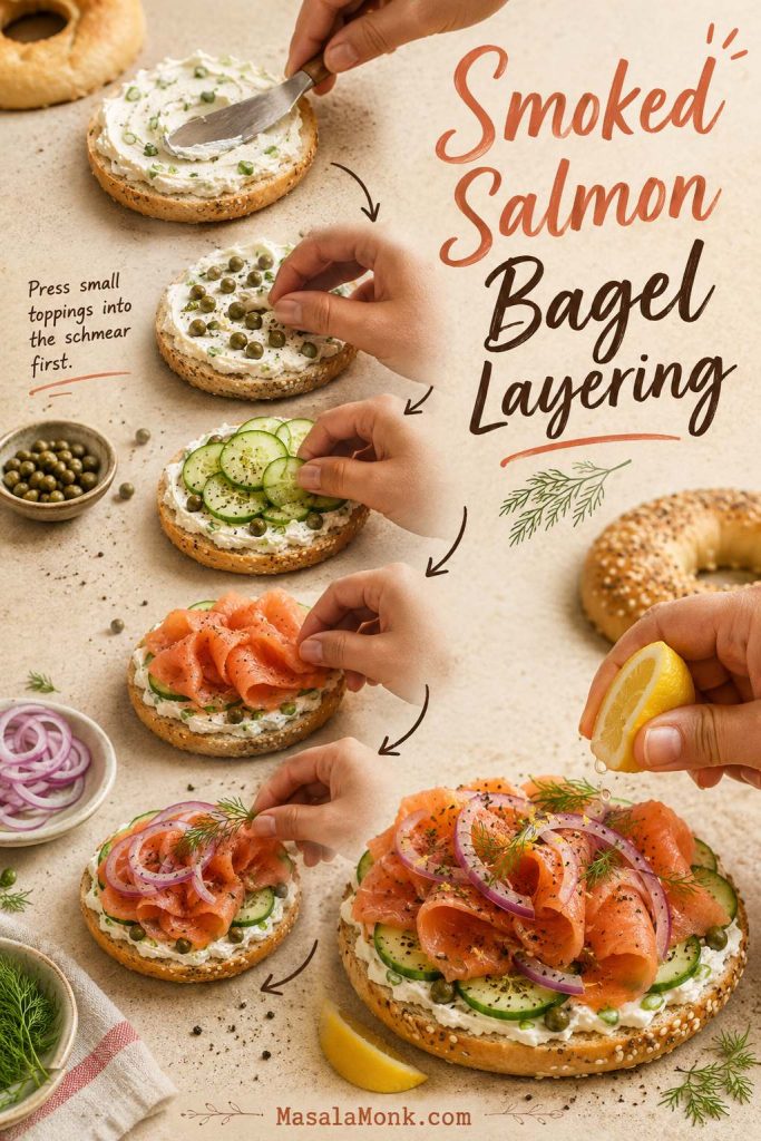 Step-by-step smoked salmon bagel layering guide with schmear, capers, cucumber, smoked salmon, red onion, dill, and lemon.