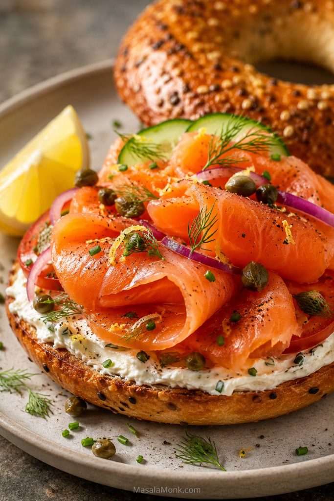 Close-up smoked salmon bagel with cream cheese, capers, red onion, cucumber, dill, lemon, and black pepper.