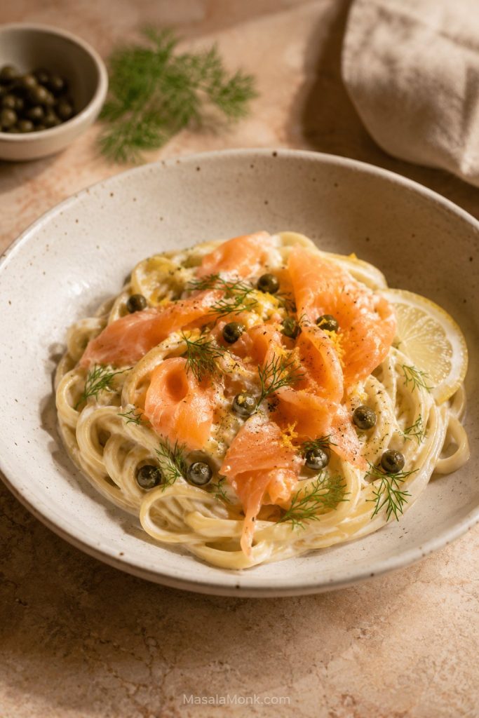 Smoked salmon pasta with creamy sauce, dill, lemon, capers, and thin salmon pieces