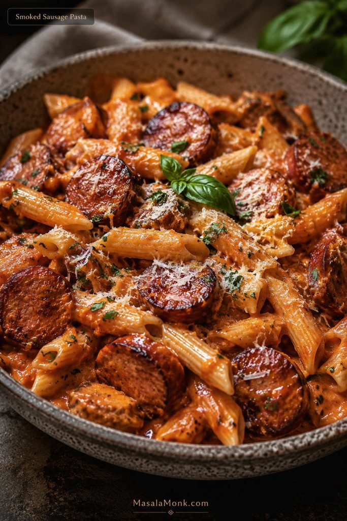 Smoked sausage pasta with browned sausage coins, short pasta, creamy tomato-parmesan sauce, herbs, and a glossy finish.