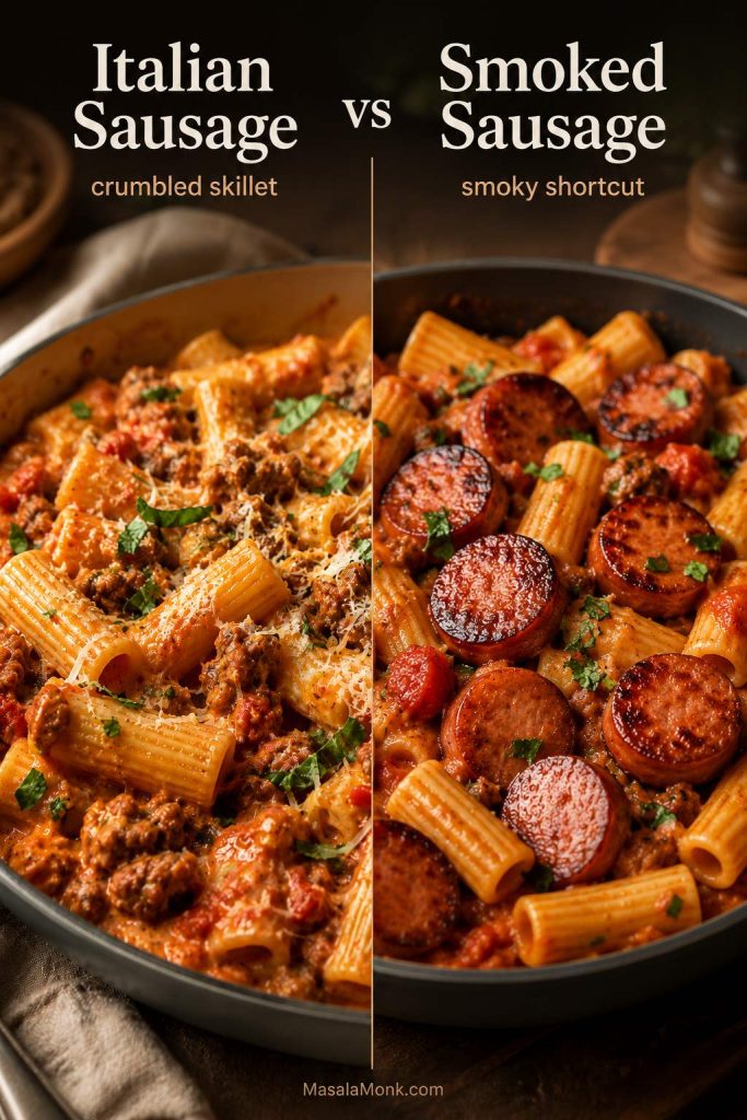 Comparison of crumbled Italian sausage and sliced smoked sausage coins for creamy tomato sausage pasta.