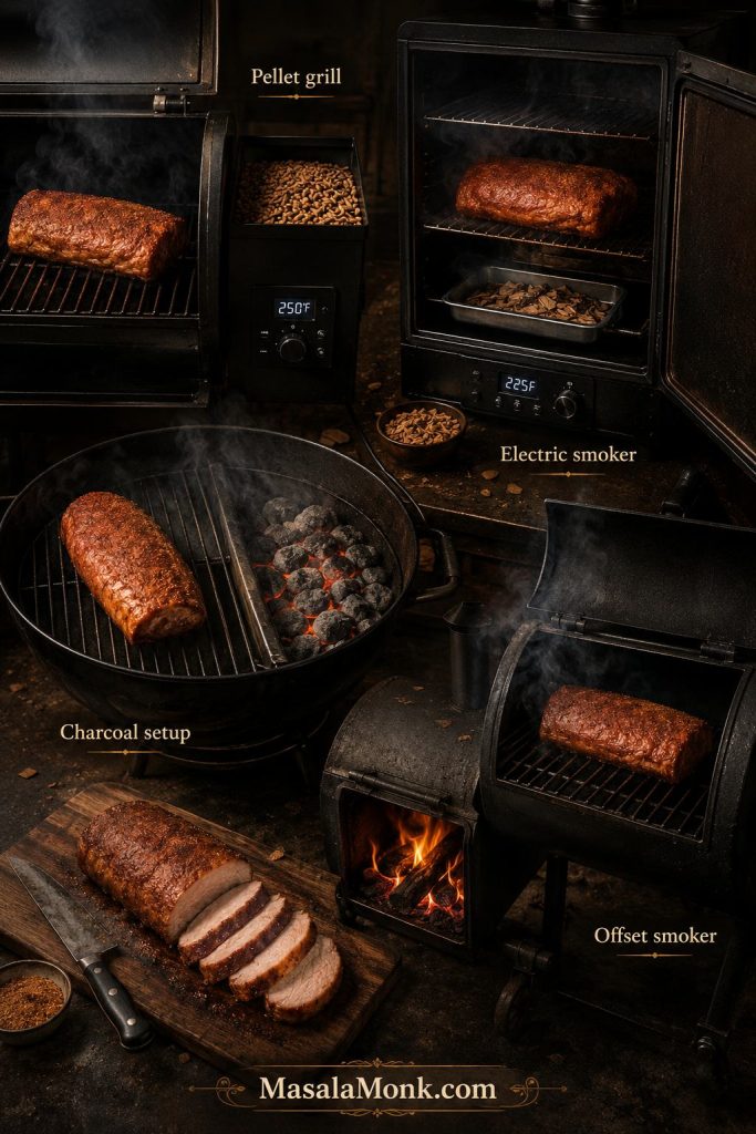 Pellet grill, electric smoker, charcoal setup, and offset smoker shown as options for smoking pork loin
